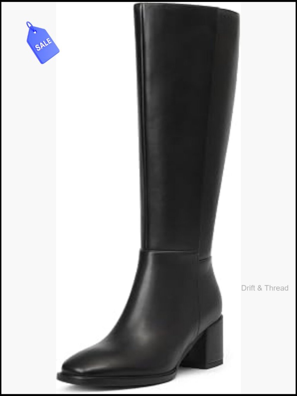 Women's Knee High Faux Leather Boots, Low Block Heel, Side Zip, Comfort, Black